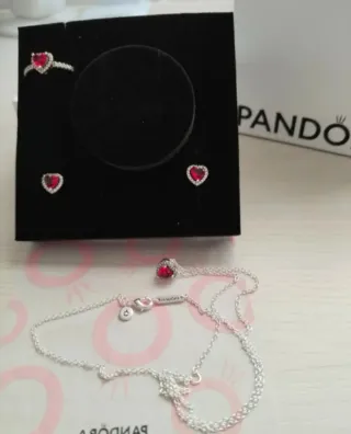 Conjunto Pandora Corazón Rojo y Plata