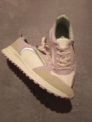 Deportivos mujer cordones/cremallera beige y rosa