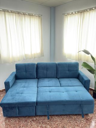 Sofá chaise longue azul con almacenaje