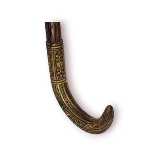 Bengala Antiga Madeira Cabo Metálico Dourado