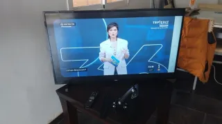 Televisión plana negra + soporte