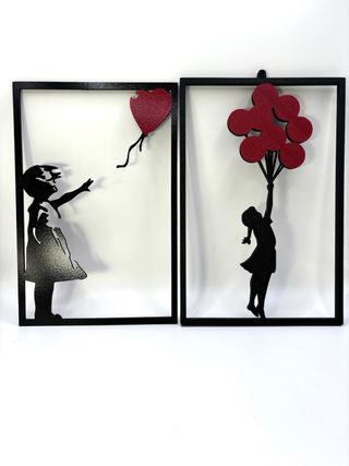 Set 2 quadretti stile Banksy bambine con palloncin