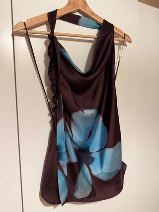 Top Zara Halter Flores Azul Marrón Talla S