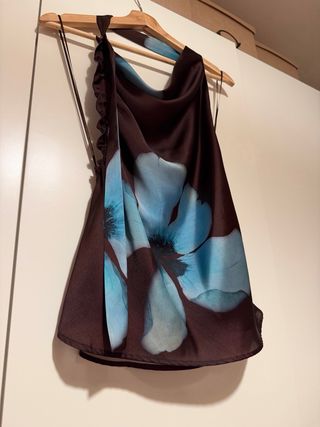 Top Zara Halter Flores Azul Marrón Talla S