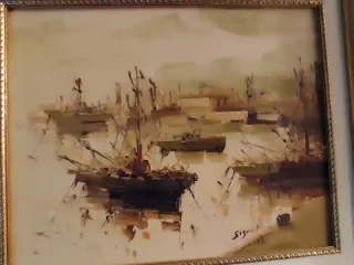 Cuadro Óleo Antonio Segrelles Barcos Puerto