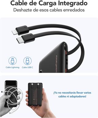 Batteria Esterna Ricarica Rapida 10000mAh, WeeFancy Mini Power Bank con 2 Cavi Integrati USB C