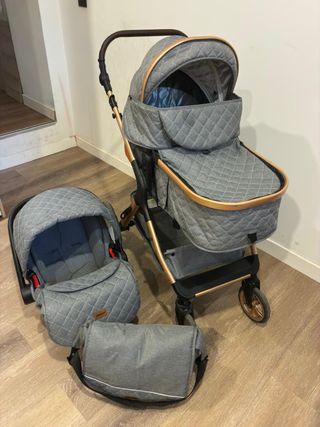 Cochecito bebé y silla coche gris/oro
