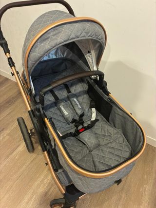 Cochecito bebé y silla coche gris/oro