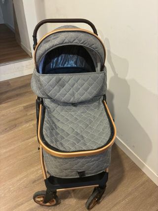 Cochecito bebé y silla coche gris/oro