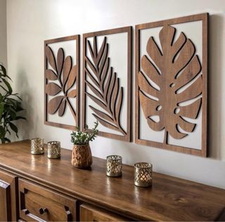 Tríptico Madera Hojas Tropicales