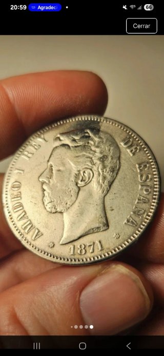 5 Pesetas Plata 1871 Amadeo I Rey