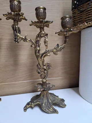 Pareja Candelabros Metal Dorado Vintage