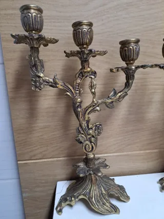 Pareja Candelabros Metal Dorado Vintage