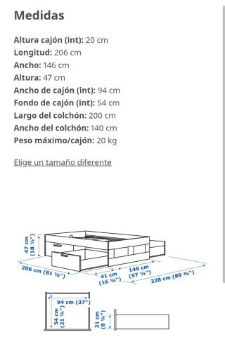 Cama con 4 cajones, somier y colchón