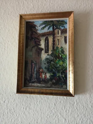 Piccolo dipinto con scena cinematografica e cornice dorata