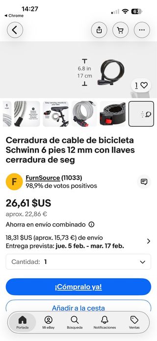 Candado bici Schwinn 12mm con llave NUEVO