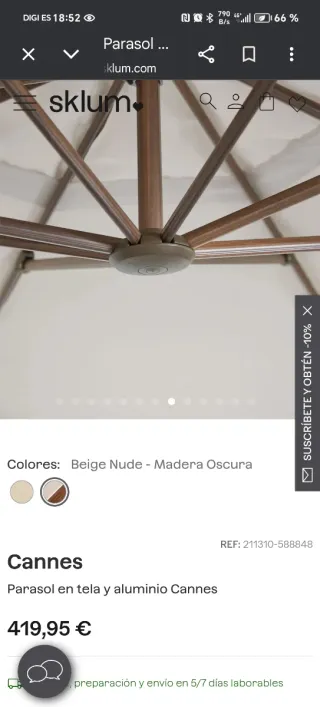 Parasol Cannes Sklum Beige Nude Madera Oscura