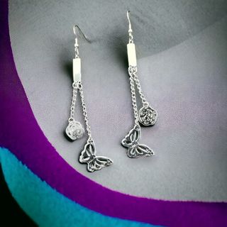 Pendientes largos mariposa y flor acero
