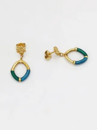 Pendientes Oro 18k Esmalte Flor Azul/Verde