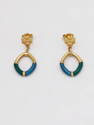 Pendientes Oro 18k Esmalte Flor Azul/Verde