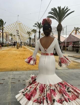 Vestido Flamenca Blanco Volante Flores