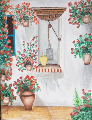 Cuadro patio con flores y macetas