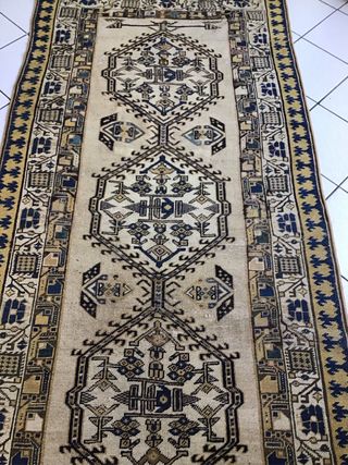 Tappeto antico lana beige e blu