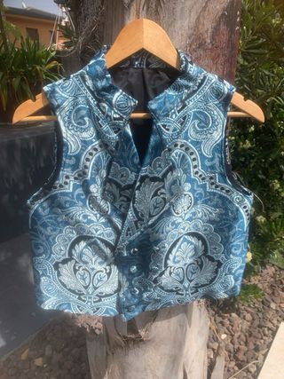 Chaleco Fallero Talla M Brocado Azul/Plata/ negro.