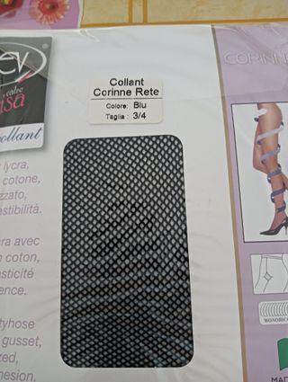 4 paia, collant a rete microrete,3/4, blu ed ecru