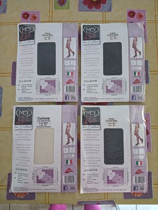 4 paia, collant a rete microrete,3/4, blu ed ecru