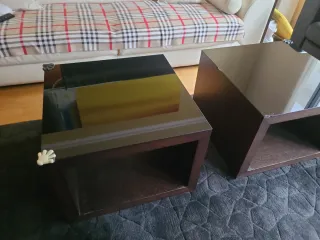 Mesa de centro madera maciza y cristal negro,