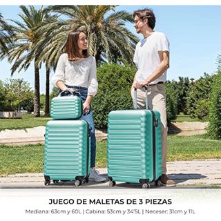 NUMADA-Juego de Maletas Rígidas 3pzs. Maleta Cabina 53cm, Maleta Mediana 63cm y Neceser. Set de Maletas de Viaje ABS Eco Friendly, 4 Ruedas Dobles, Resistentes, Ligeras y Seguras (Verde) NUEVO