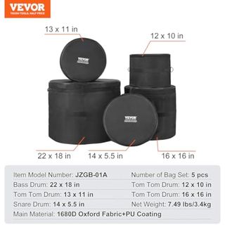 VEVOR Juego de Bolsas de Tambor de 5 Piezas Tela Oxford 1680D, 35,56 x 13,97 cm, Bolsas y Estuches Acolchados para Tambor con Correa de Hombro Desmontable, Asas de Transporte, Diseño Plegable, NUEVO