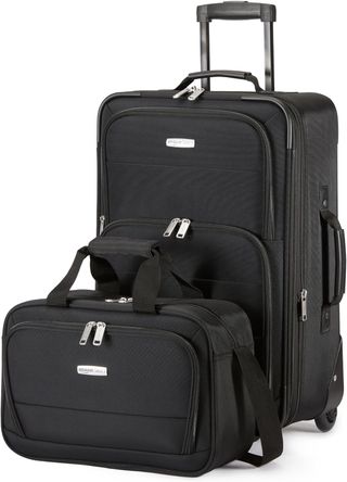 Amazon Basics Juego de Equipaje Blando de 2 Piezas, Maleta de Mano Expandible (58 cm) y Bolsa de Mano (25 cm), Ligeros, 100% Poliéster, Apilable, Azul Marino
