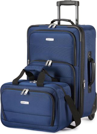 Amazon Basics Juego de Equipaje Blando de 2 Piezas, Maleta de Mano Expandible (58 cm) y Bolsa de Mano (25 cm), Ligeros, 100% Poliéster, Apilable, Azul Marino