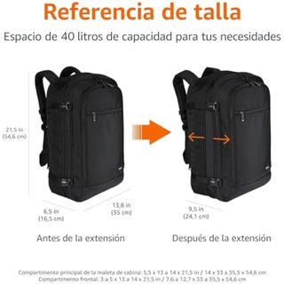 Amazon Basics Mochila de Viaje 40L, Equipaje de Mano (51x38x20cm), Tirantes Acolchados, Compartimento Portátil 17", Bolsillos Organizados - Negro