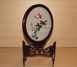 Cuadro vintage oriental china pájaros seda años 80