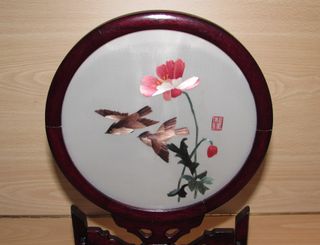 Cuadro vintage oriental china pájaros seda años 80