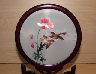 Cuadro vintage oriental china pájaros seda años 80