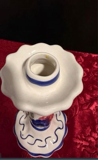 Candelabro Cerámica Manises Años 70 Azul Blanco