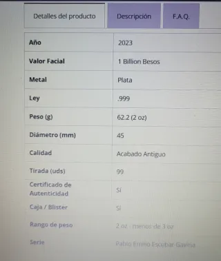 Moneda Pablo Escobar Edición Especial 2 onzas