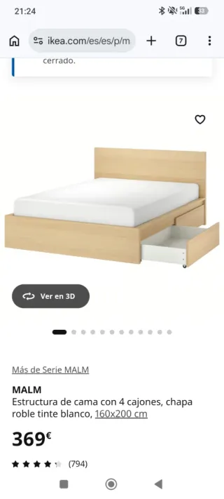 Cama Ikea Malm 160x200 con 4 cajones
