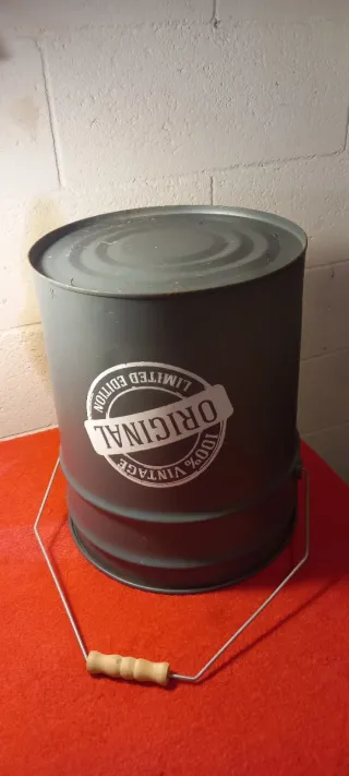 Sgabello Bidone Vintage Tessuto Metallo Legno