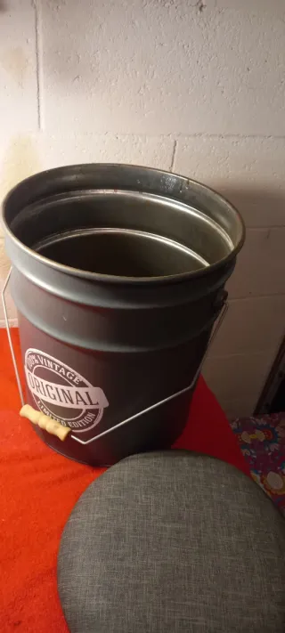 Sgabello Bidone Vintage Tessuto Metallo Legno
