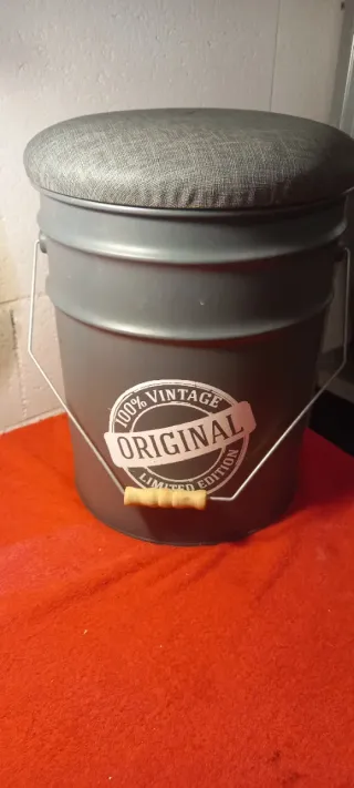 Sgabello Bidone Vintage Tessuto Metallo Legno