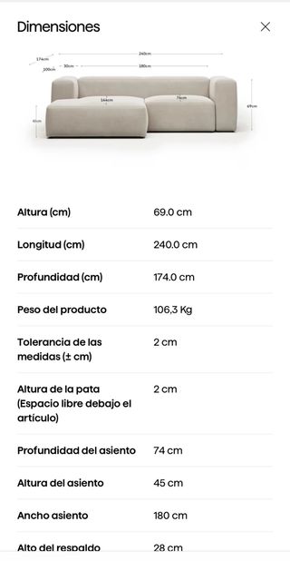 Sofá Blok 2 plazas chaise longue beige