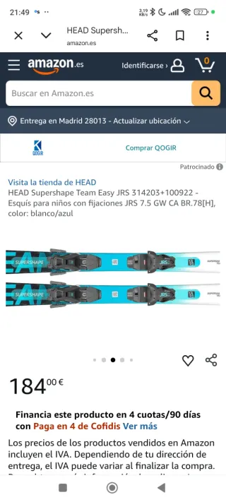 Esquís Head Junior 127 cm con bastones regulables