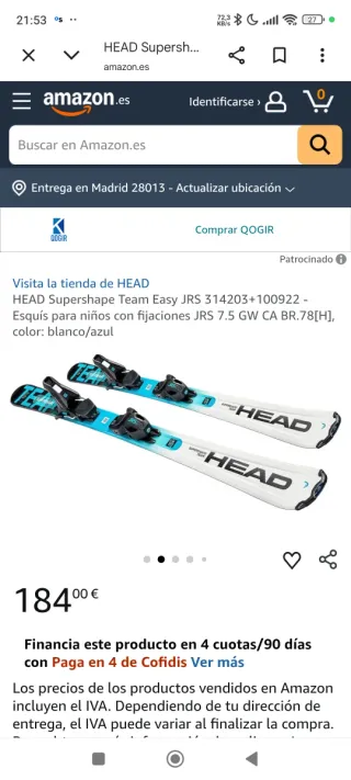 Esquís Head Junior 127 cm con bastones regulables