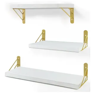 Estanterías flotantes madera y metal dorado