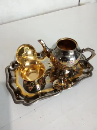 Juego de té indio metal dorado y plateado